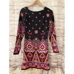 Silk Shift Dress Womens Medium ? Open Back Floral Long Sleeve Boho Hippie‎ Tie